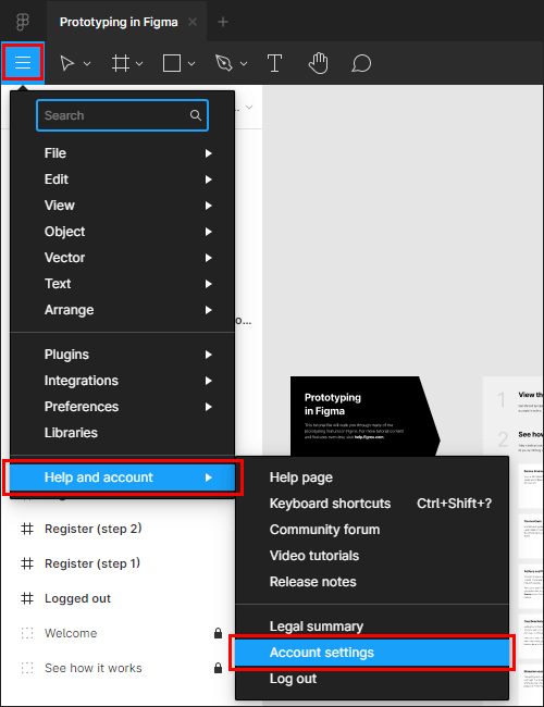 Figmaのメニューから、「Account settings」を選択して設定画面を開く